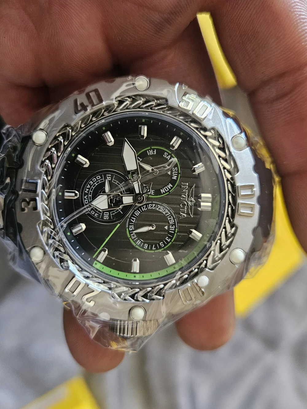 Invicta Stainless Steel Chronograph Watch - Black Dial with Green Accents 52mm